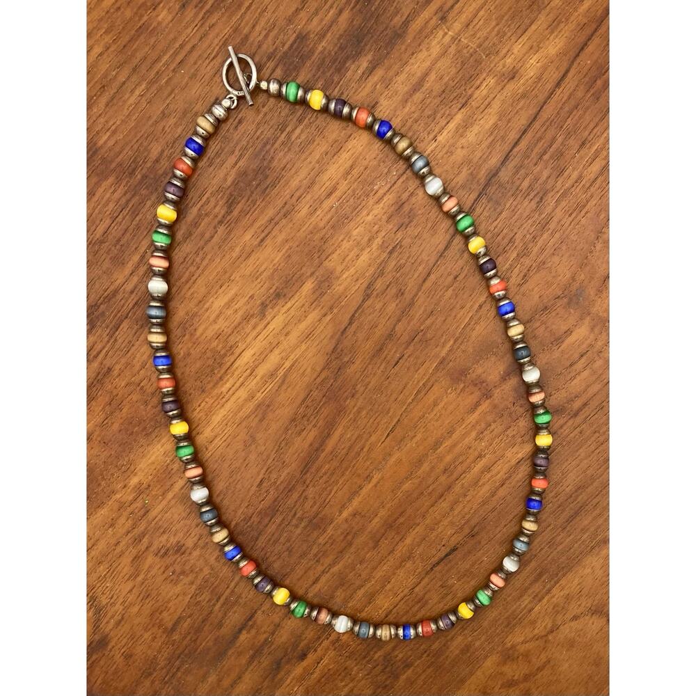 Vintage Sterling Silver Multi Color Cat's Eye Bead Necklace 925 Mexico 20"